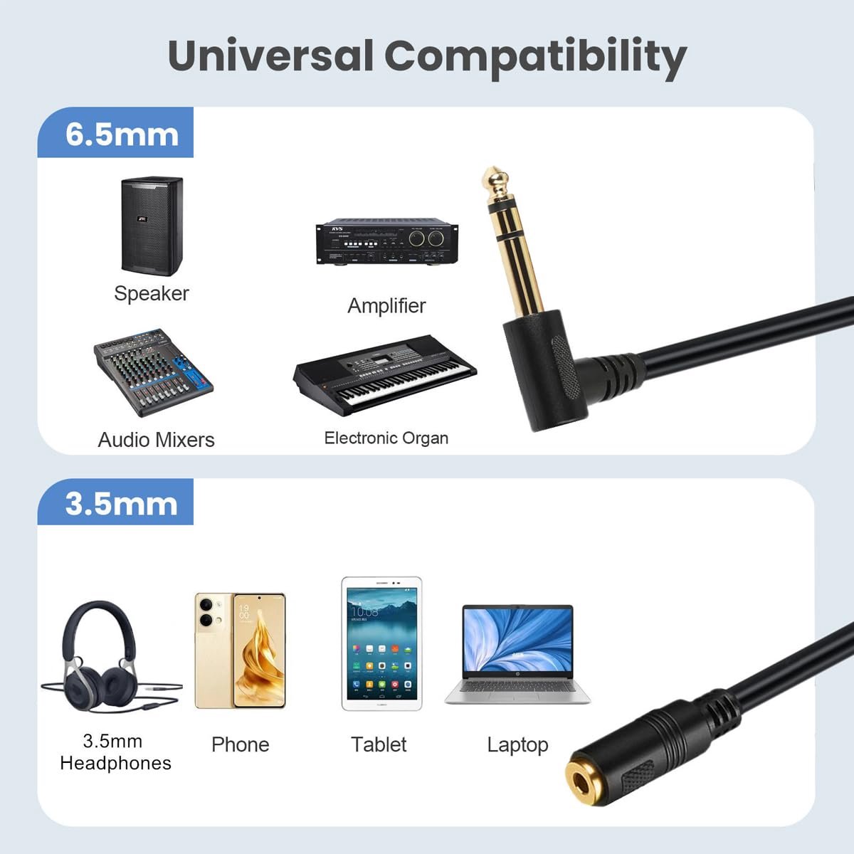 90 Degree 6.35mm to 3.5mm Stereo Audio Cable, 3.5mm to 6.35mm Headphone Adapter, Right Angle 1/4 Inch TRS Male to 1/8 - ShopVlot