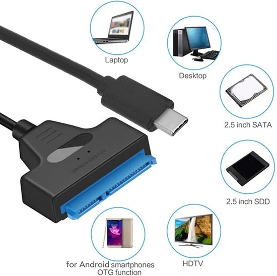 SATA naar USB C Adapter - Harde schijf kabel - Opslag uitbreiden - Ondersteunt 6Gbps UASP - 2.5 inch - Zwart — afbeelding 2