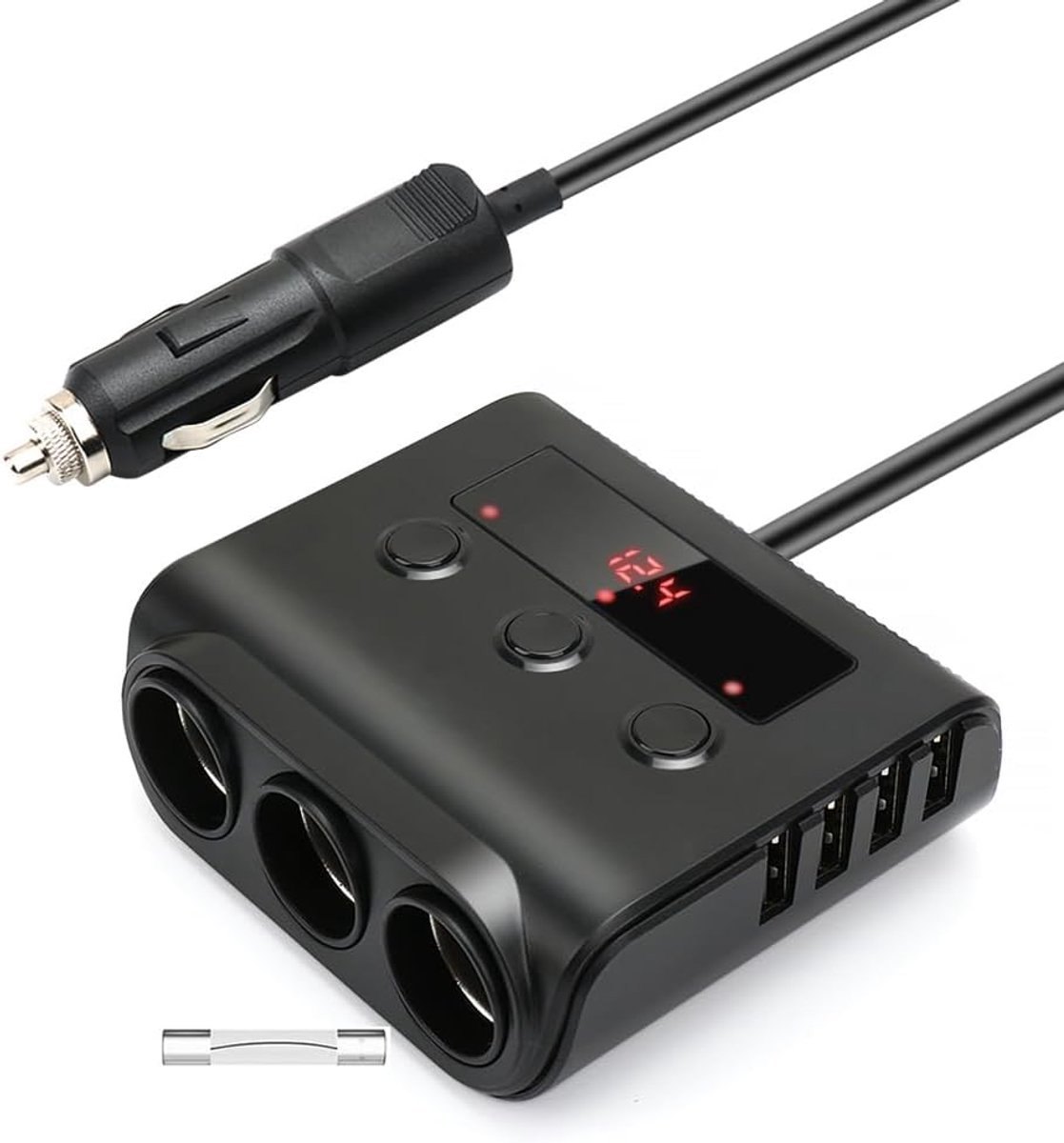 Autolader met 3 gaten, multifunctionele aansluiting voor sigarettenaansteker, 24V/12V USB-oplader | Autoadapter met multifunctionele splitter, voltmeterschakelaar en 4 USB-poorten, geschikt voor GPS-dashcams, tablets en mobiele telefoons.