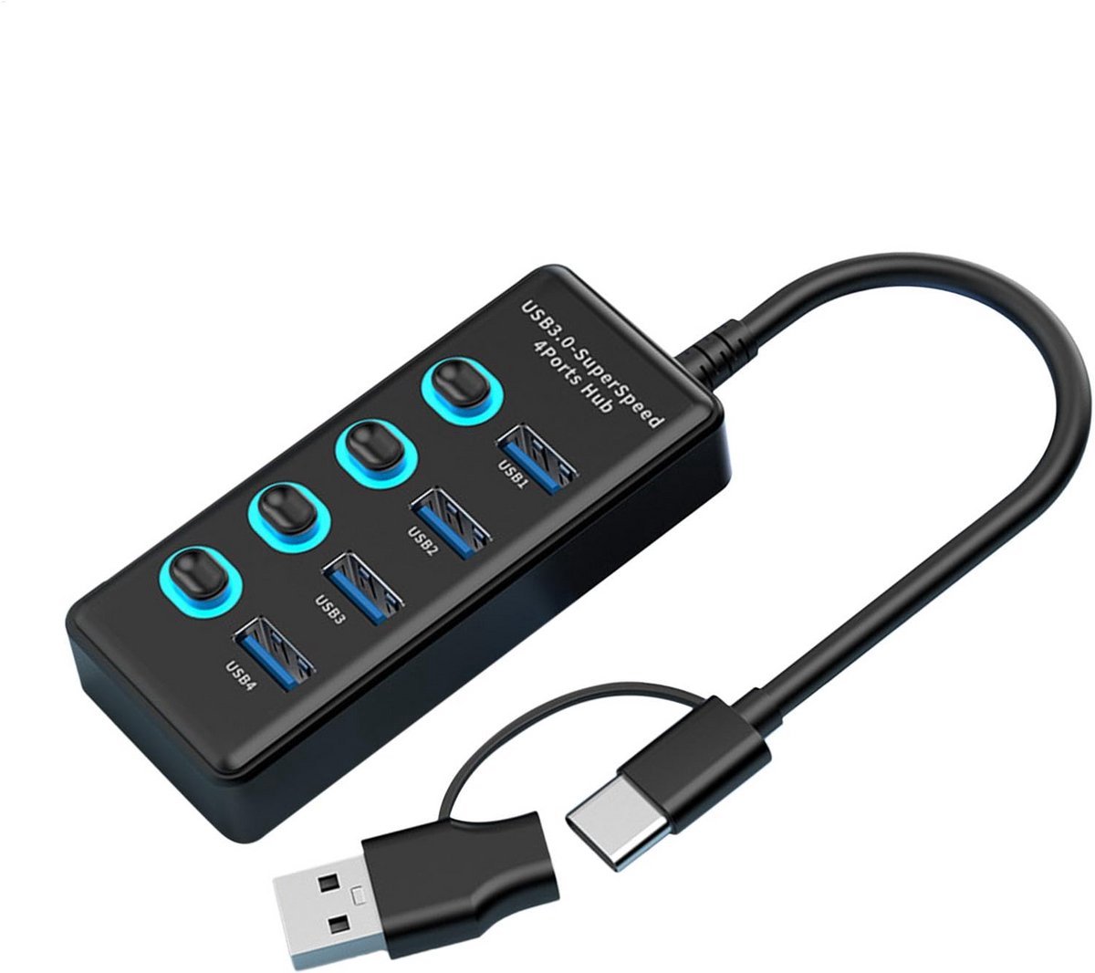 Casalora USB C Hub - USB Splitter met Voeding - 4 Poorten - USB 3.0 - Docking Station - USB C naar USB A - 5 Gbps - Zwart