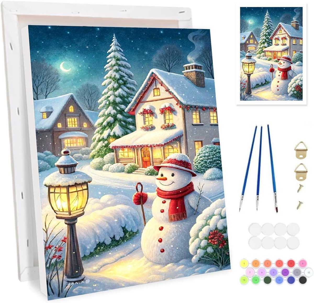 Schilderen op nummer kerst - sneeuwman cottage schilderij - compleet met lijst - creatief DIY cadeau voor volwassenen - ShopVlot