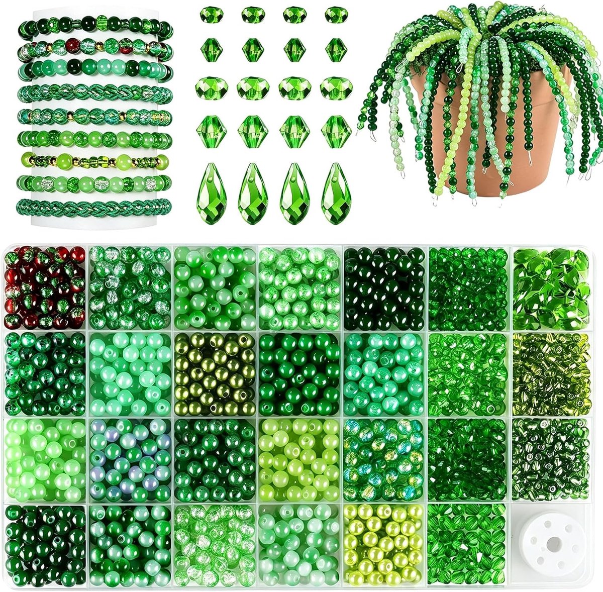 Kralen, gefacetteerd, 2-10 mm, groene kralen om te rijgen, kristallen glaskralen voor armbanden, halskettingen, oorbellen, sieraden maken, dromenvanger, met witte pareldraad