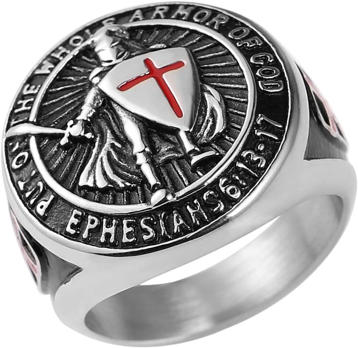 Tempeliers zetten het hele pantser van God aan Efeziërs 6:13-17 Rode Kruis Design heren roestvrij stalen ring
