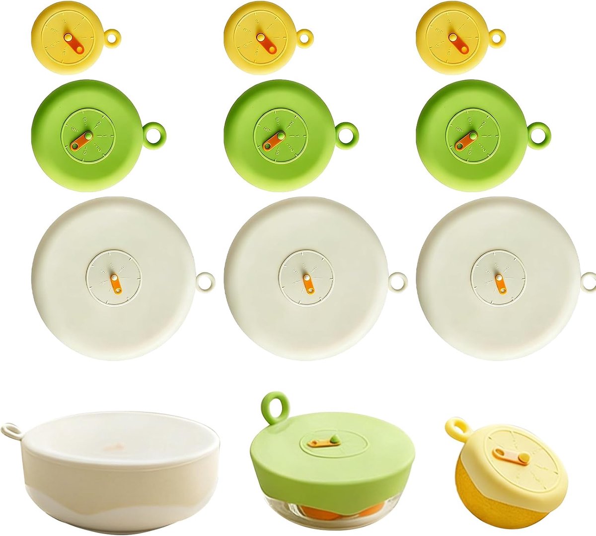 Deksels, set van 3 x 3 stuks, universeel, herbruikbaar, vershouddeksel, siliconen deksel, rekbaar, blikdeksel, rond, met uurplanning, extra scheurvast, voor glazen, blikjes, hittebestendig