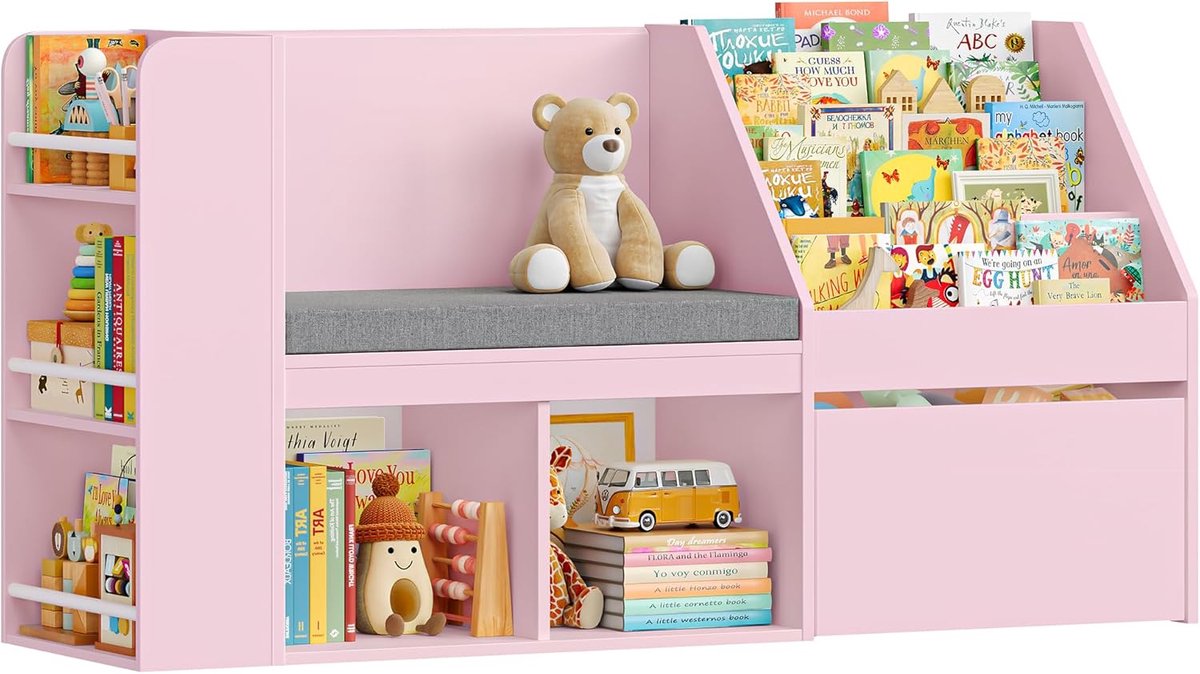 Kinderrek, boekenkast kinderen met dozen op wielen, speelgoedrek kinderrek opslag met zitbank, rek kinderkamer, roze, 68 × 34 × 125 cm