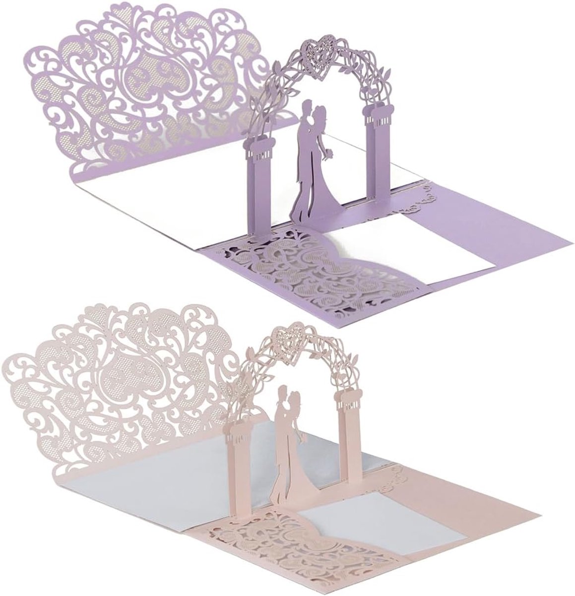 Set van 2 3D pop-up bruiloftskaarten met envelop, wenskaart voor trouwdag, Valentijnsdag, huwelijkscadeau, roze en paars