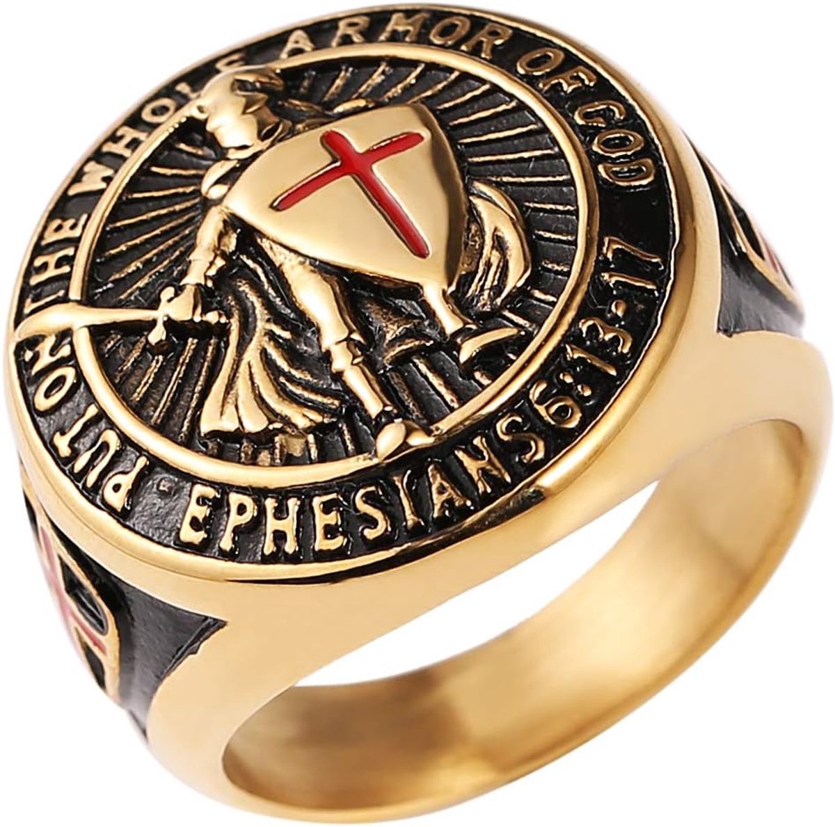 Tempeliers zetten het hele pantser van God aan Efeziërs 6:13-17 Rode Kruis Design heren roestvrij stalen ring