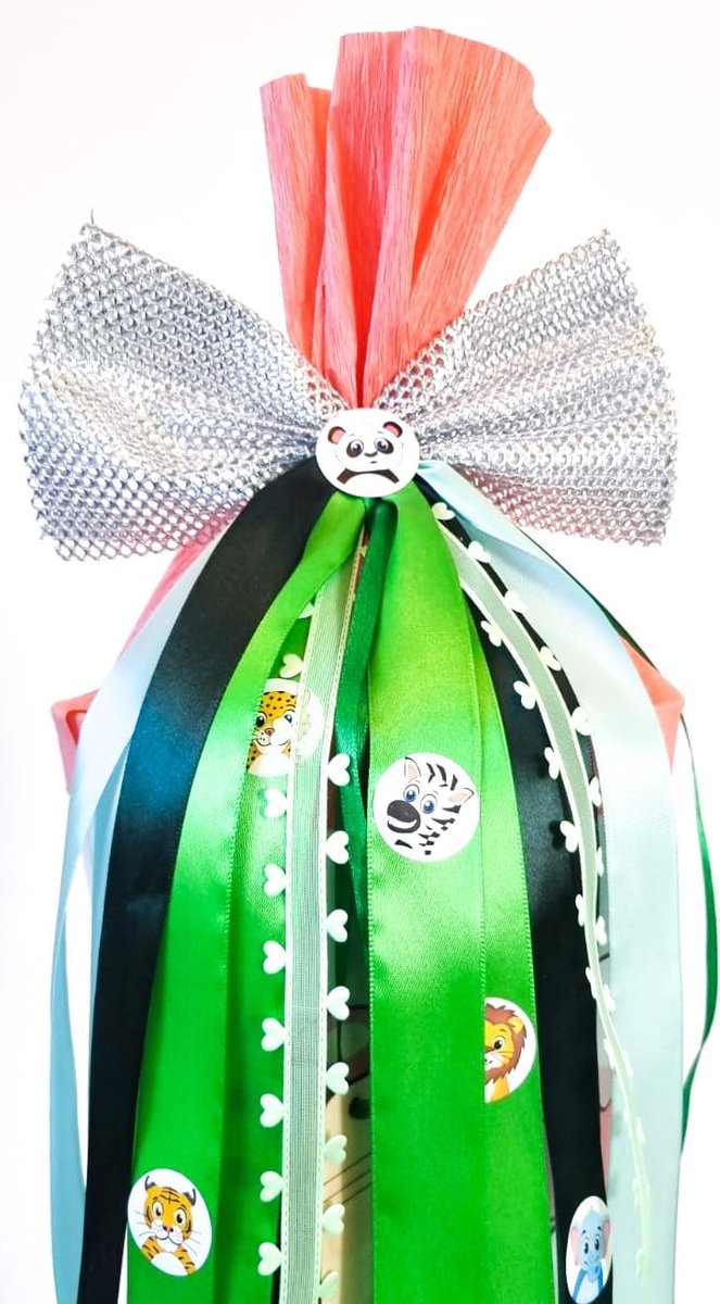Vilten strik, 55 cm x 14 cm, vlinder met naamplaatje, schoolzakje, strik, geschenkstrik, eerste schooldag en uniek met designbescherming (dierentuin groen)