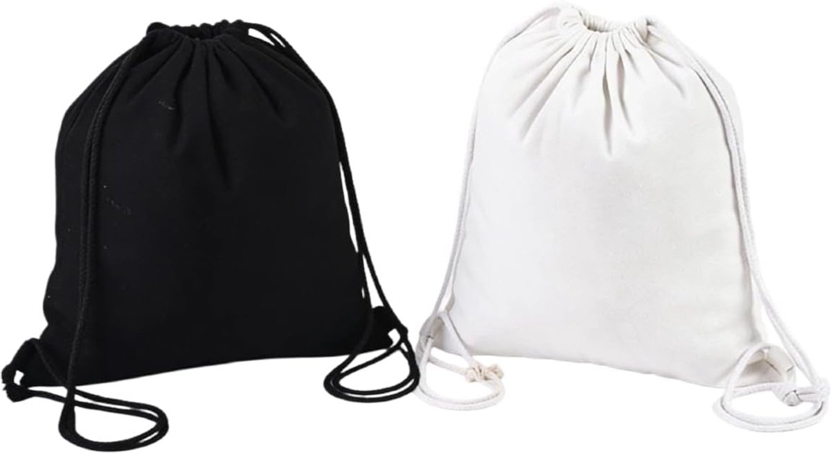 6 stuks gymtassen van katoen, stoffen zakken met trekkoord, canvas gymtas, katoenen tas met trekkoord, 3 x zwart, 3 x wit
