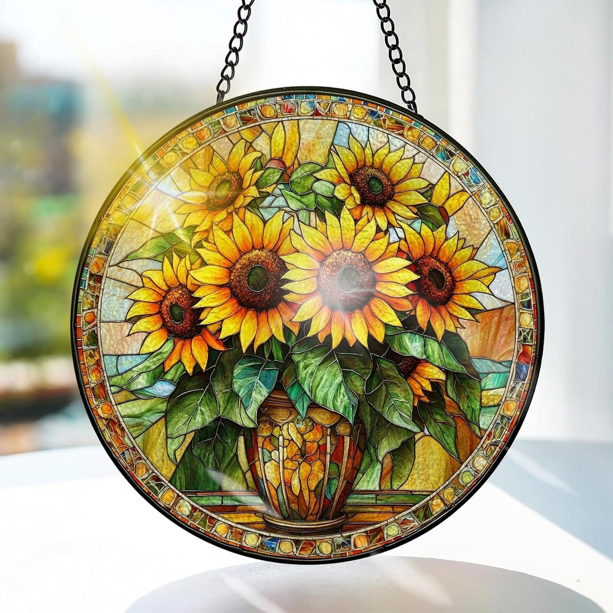Zonnebloem Gekleurd Glas Hangend - Bloem Hangende Raamdecoratie - voor Tuin, Raam en Deur, Verjaardag voor Vrouwen, Handgemaakte Suncatcher Decoratie 20x20 cm