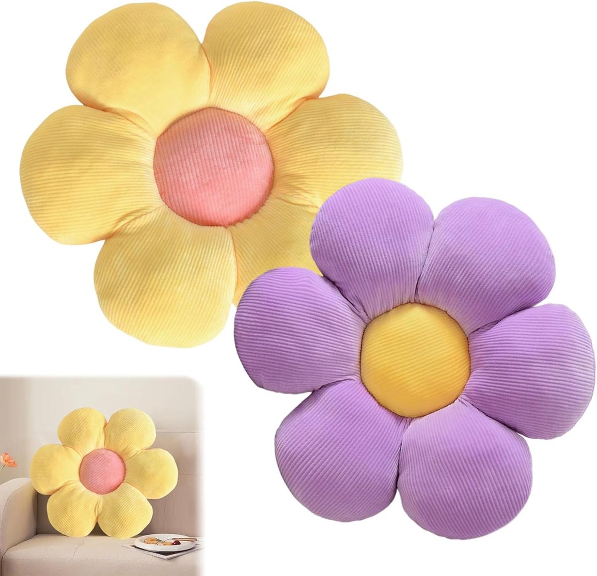 2 stuks, bloemenvloerkussen, zitkussen, 38 x 38 cm, bloemenvloerkussen, tatami, bloemvormig, zacht bloemblaadkussen, bloemenvorm voor slaapkamer, bank, bank (geel en paars)