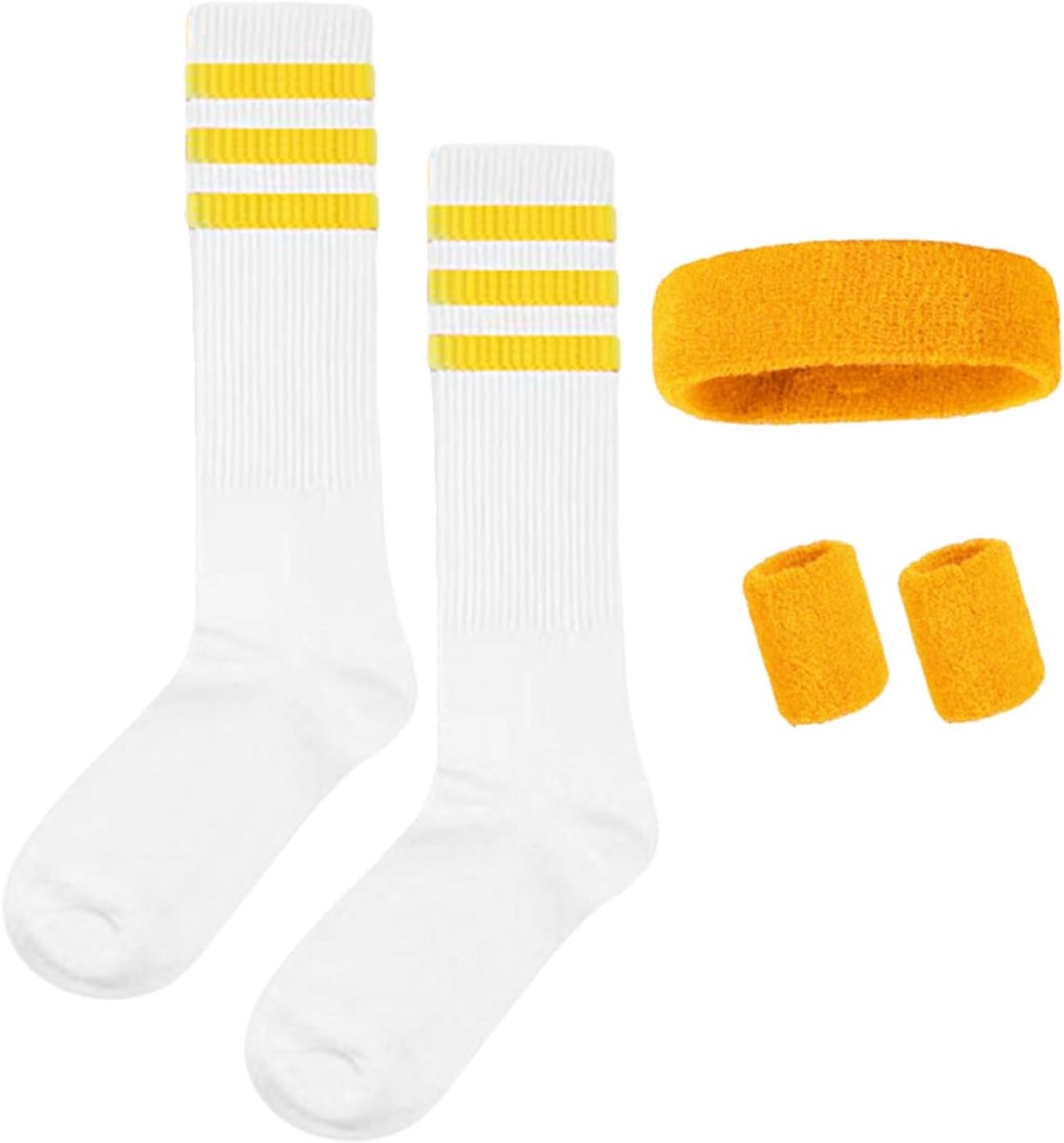 Zweetband en sokken, jaren 80 en 90, zweetband, gestreepte hoofdband, armband, gestreepte hoge sokken voor dames en heren, sport, hardlopen, fietsen, carnaval, kostuums, feest