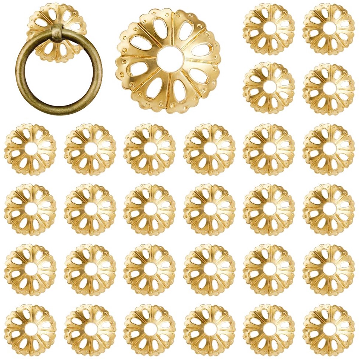 30 stuks ronde messing achterplaten, sluitringen, gouden afdichting, 25 mm, holle bloem beslag voor klassieke meubels, accessoires voor lade, commode, kledingkast, decoratie