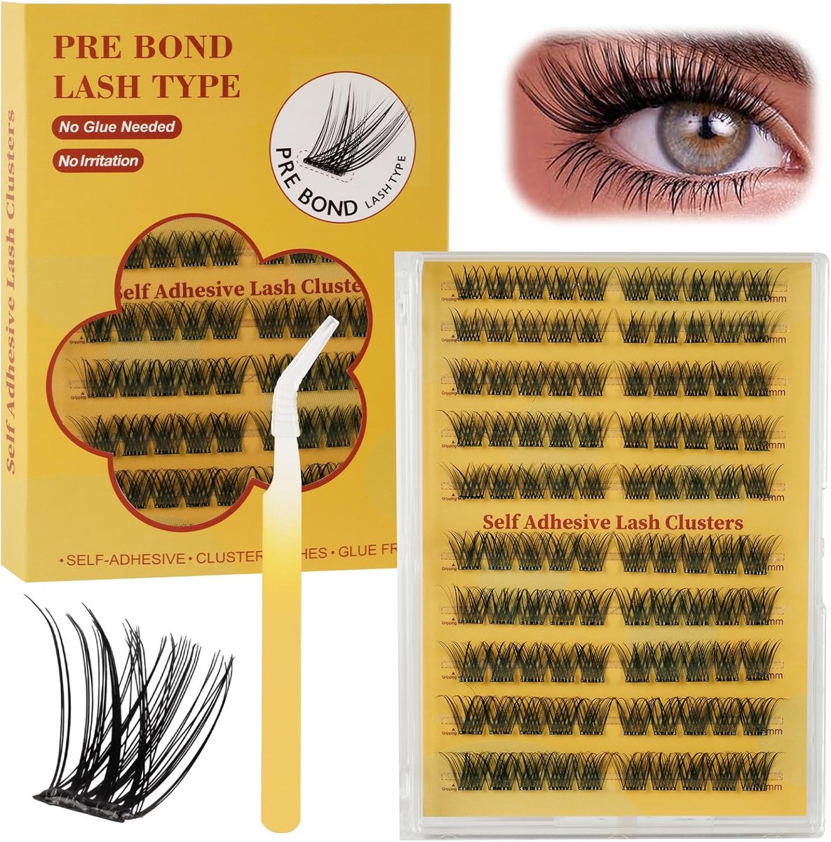 Voorgelijmde clusterwimpers, Wispy Clusterwimpers, 100 stuks, zelfklevende wimpers, geen lijm nodig met pincet, herbruikbare wimpers, voorgelijmde wimpers 10-16 mm voor een natuurlijke look