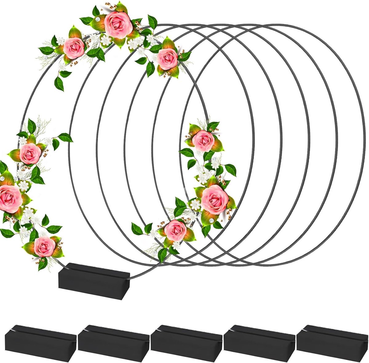 Ringen om te knutselen, 6 stuks, 30 cm, zwarte metalen ring, met 6 stuks, zwarte houten standaard, decoratie met voet, metalen ring voor doe-het-zelf bloemen, knutselen, handwerk,