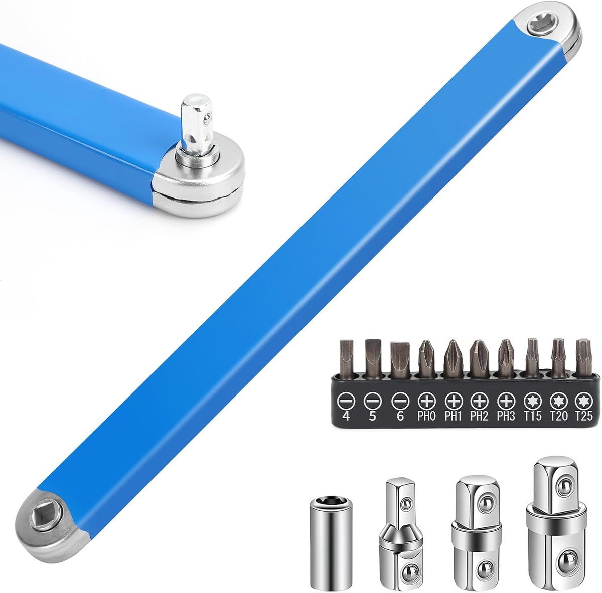 Verlengsleutel, 39 cm schroefwerk offsetsleutel, verlengsleutel met vierkantaandrijving adapters (1/2 inch, 1/4 inch, 3/8 inch) en 10 universele bits