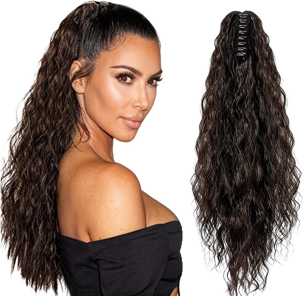 Paardenstaart haarstukje met clip - 50 cm - donkerbruin - natuurlijke haarverlenging voor snel elegant kapsel - SnelShoppen