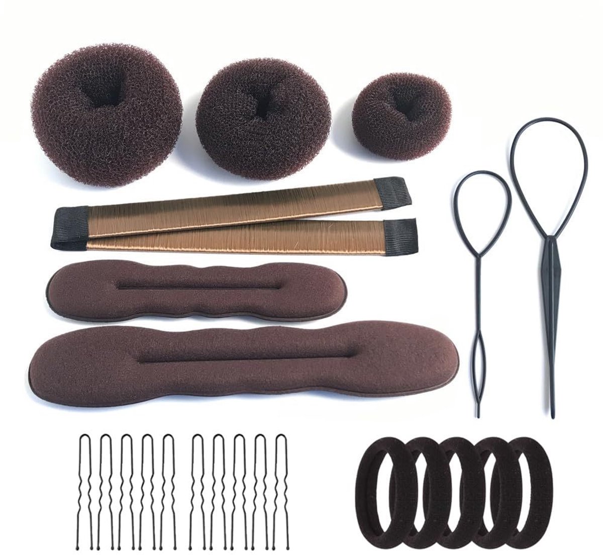 Haarvormingsset - haarnaalden voor knotjes en gevlochten haar, accessoires voor bolknot en vlechtconstructies bij kapselopmaak—Bruine set van 23 stuks
