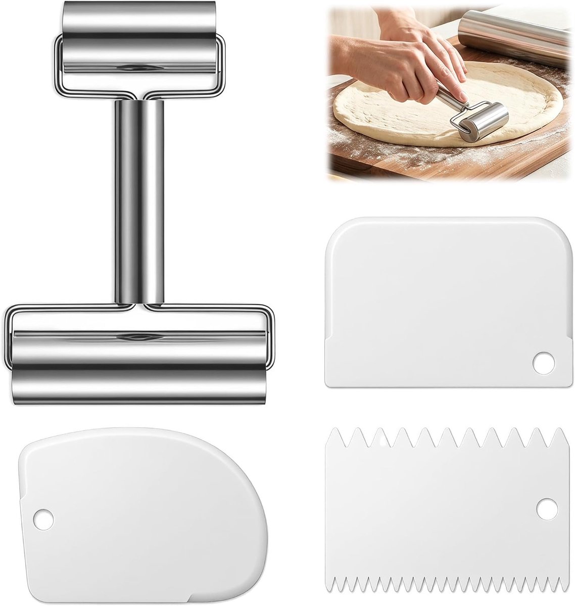Deegroller met 2 Rollen - Roestvrij staal - Inclusief 3 deegschrapers - Perfect voor pizza en gebak - SnelShoppen