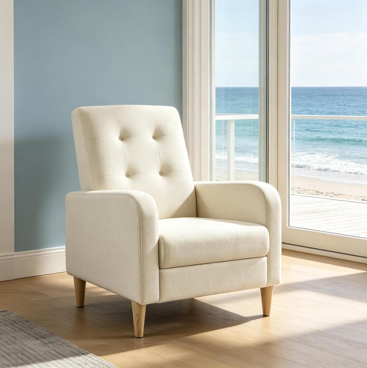 FloraGrace Fauteuil 68 x 73,5 x 90,5 cm - Hoge Rugleuning Met Armleuningen En Gecapitonneerde Rug - Voor Woonkamer Of Slaapkamer - Stof En Hout - Beige