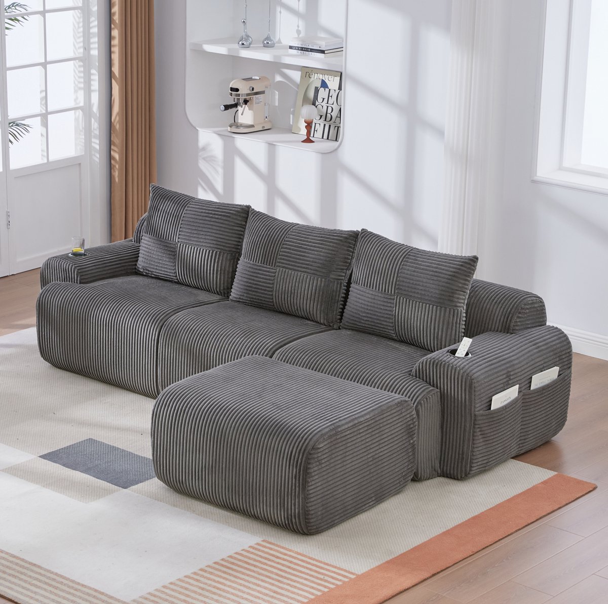 DESMIU Bank - Modulaire 3-Zits Set Met Hocker, Cupholder En Opbergvak - Voor Woonkamer En Familiekamer - Cordstof Donkergrijs
