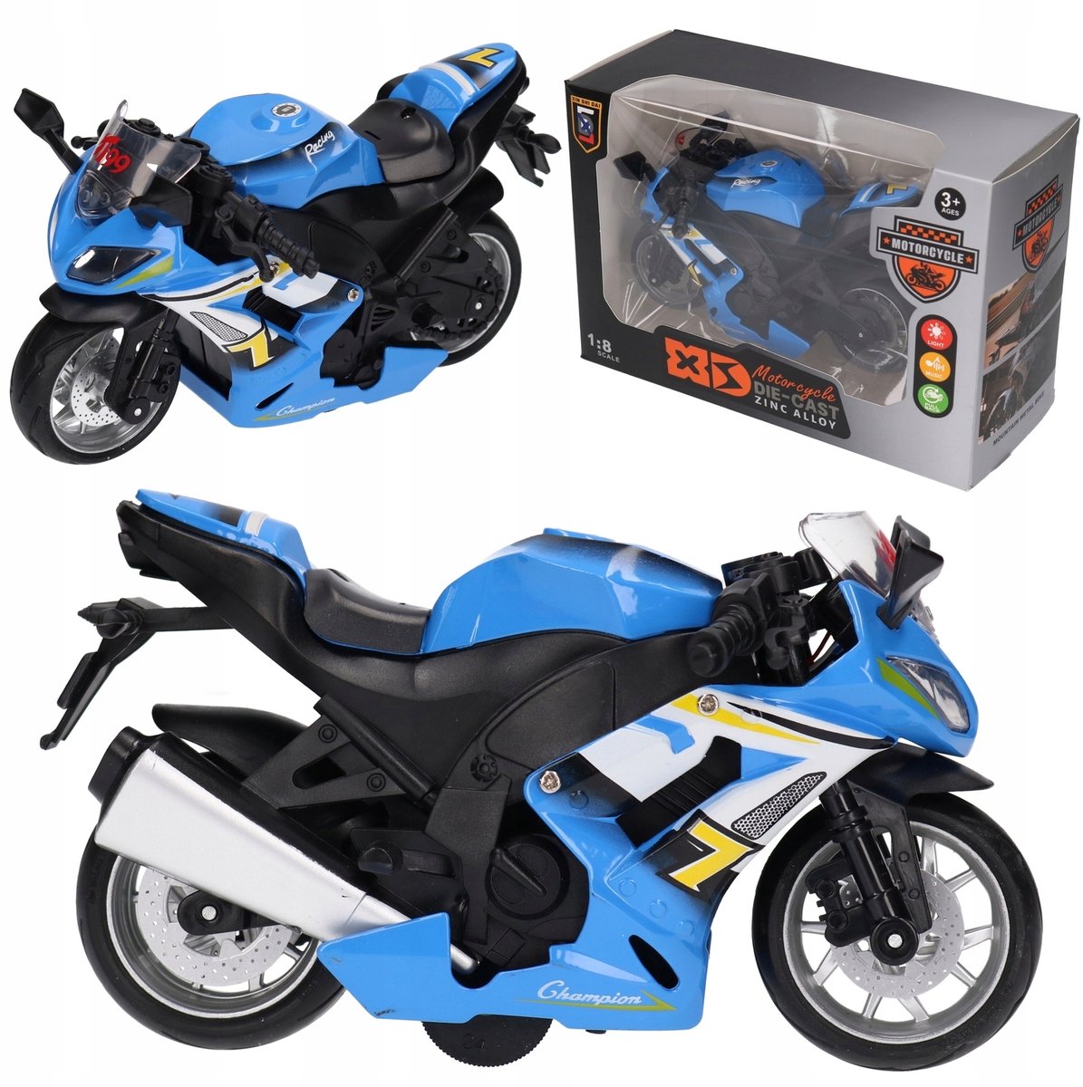 Gedetailleerd gegoten motorspeelgoed met geluid en licht (1:8)