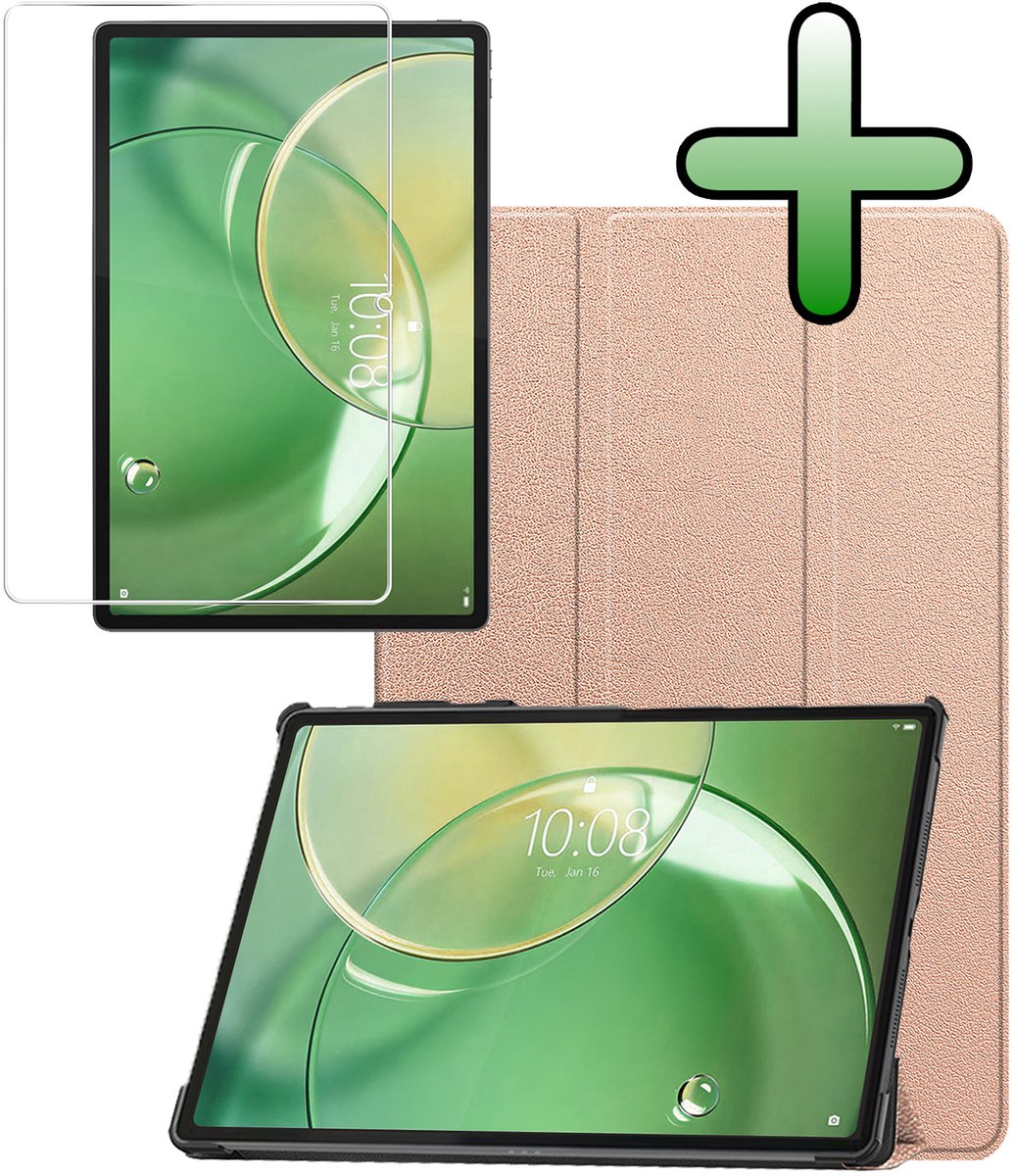 Hoesje Geschikt voor Lenovo Idea Tab Pro Gen 2 - Met Screenprotector - Trifold Bookcase - Hard Cover - Hardcover Book Case - Tablet Hoes - Rosé goud