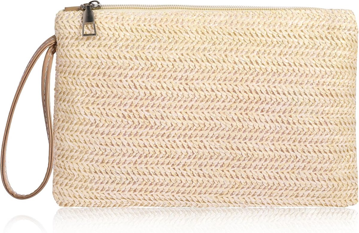 Clutch tas dames - beige - geweven riet - voor strand en zomer - SnelShoppen