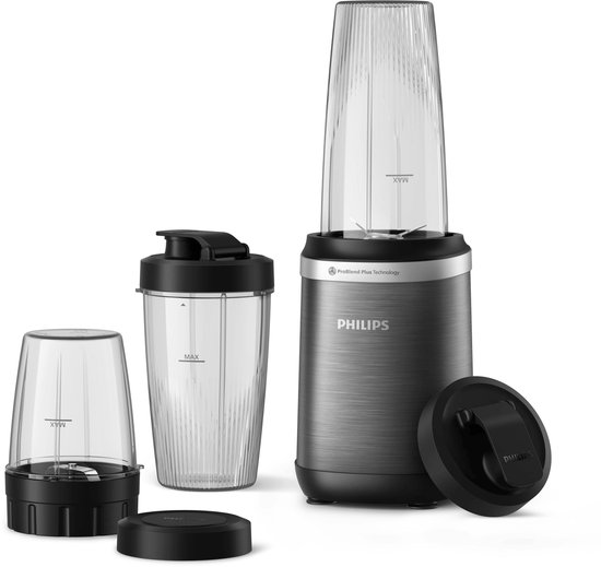 Philips blender met donkergrijze geborstelde behuizing, twee bekers met deksel en een extra deksel.