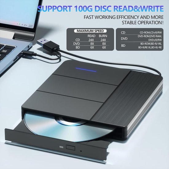 Externe Blu-ray Drive - Optische drive - Bestanden Overzetten - 7-in-1 Functies - 100-150G - Zwart — afbeelding 2