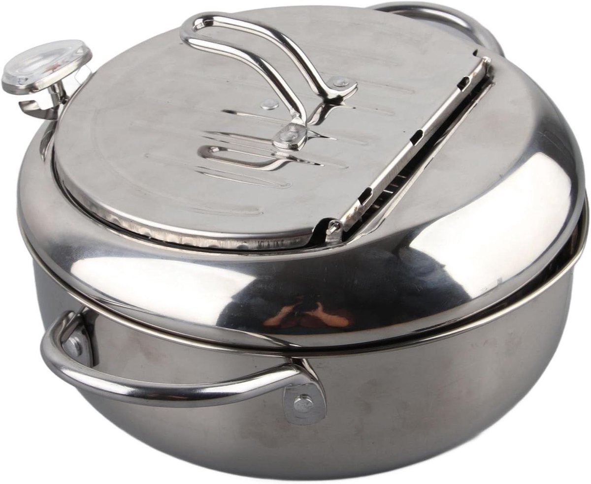 Frituurpan Roestvrijstaal - Friteuse met Thermometer - Veilig Frituren Thuis - Ingebouwde Olietemperatuurmeter - 20 cm - Zilver