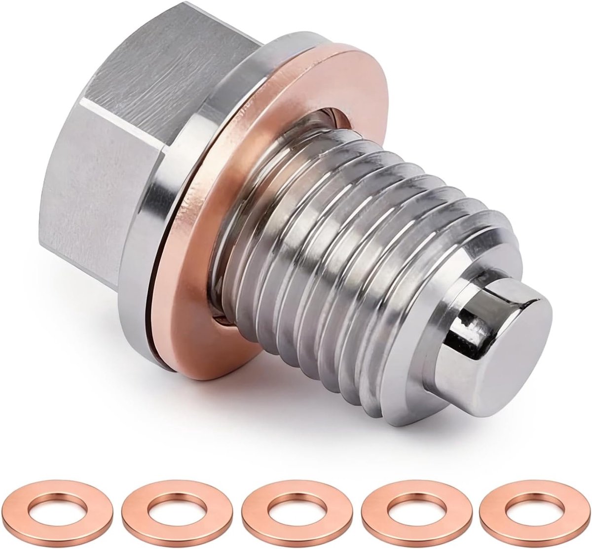 Magnetische olieaftapdraadplug M14 x 1,5 - Roestvrijstalen carterplug - Inclusief 5 koperen afdichtringen - SnelShoppen