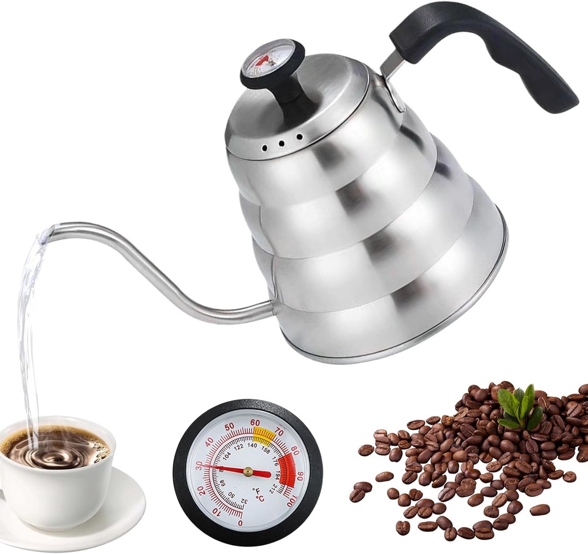 Gooseneck waterkoker 1,2 l - RVS met thermometer - Ergonomisch ontwerp voor comfortabel schenken - SnelShoppen