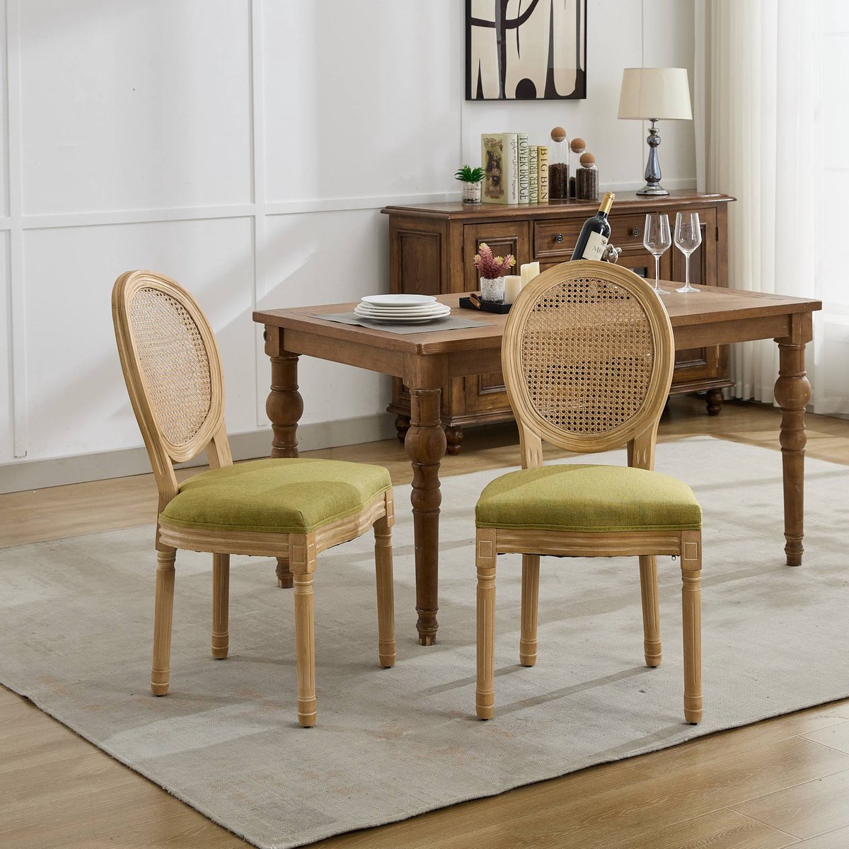 Clruro Eetkamerstoelen - 2 Stuks - Franse Rotan Rug met Antieke Look - Linnen en Hout - Olijfgroen