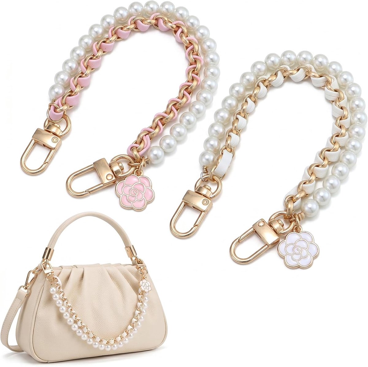 Set van 2 zakkettingen 26 cm - parels met gevlochten band - elegante tashanger - luxe uitstraling voor handtas - SnelShoppen