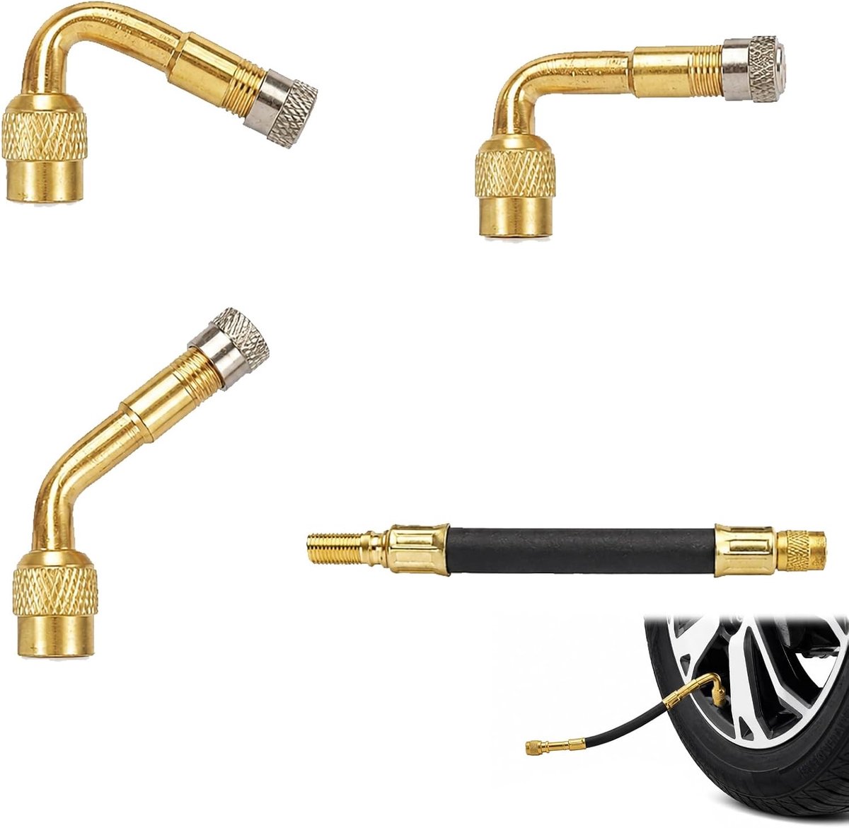 Ventielverlenging set 4-delig - metalen adapters 45° 90° 135° - inclusief 140 mm rubber slang - SnelShoppen