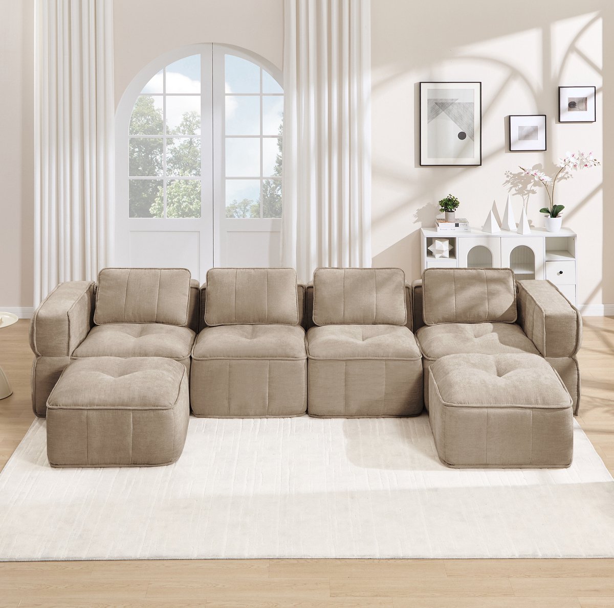 STILVORA U-Bank 344 x 162 cm - Modulair Zonder Frame Met 2 Hockers En 32D Schuim - Voor Woonkamer - Polyester - Sand