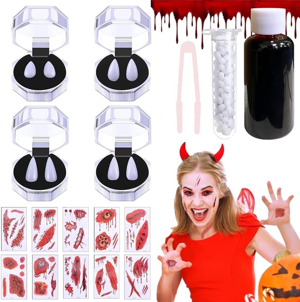 Halloween makeup kit - 30ml realistische nepbloed - 4 paar vampiertanden - ideaal voor griezelige kostuums - SnelShoppen