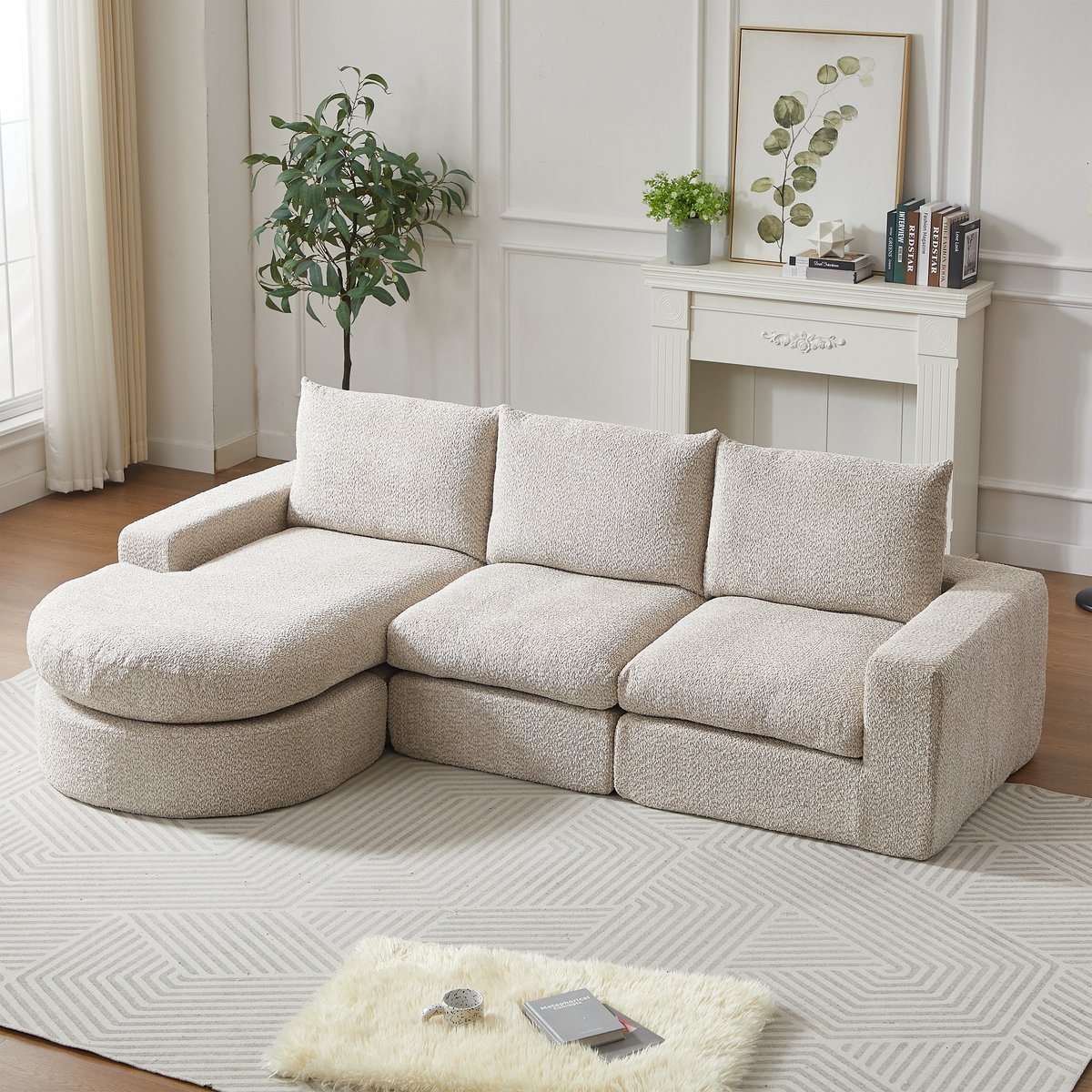 Hoekbank 3-Zits 250 Cm - Modulair Met Omkeerbare Chaise Longue - Voor Woonkamer - Chenille - Beige