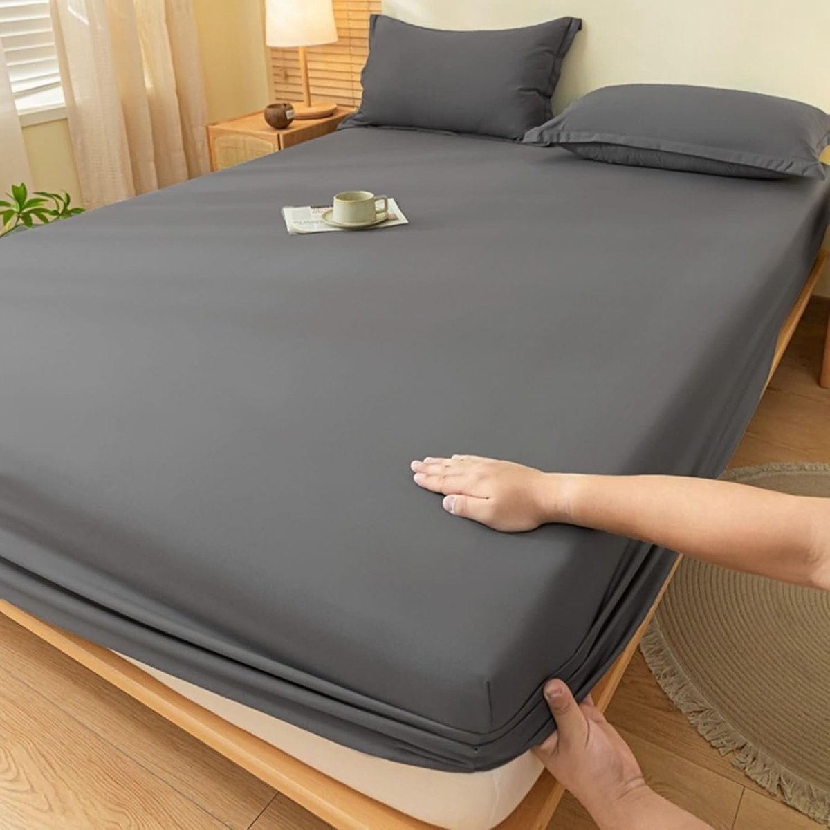 Fitted Sheet for Bed, (180 x 220 cm), Bed Sheet with Elastic Simple Spansheet Dark Grey - ShopVlot