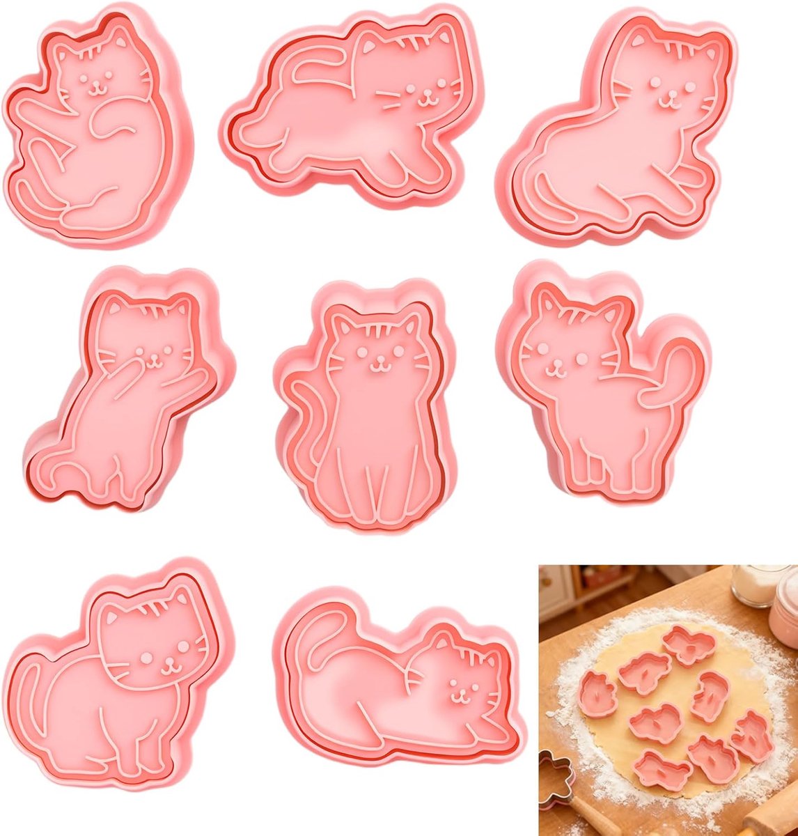 Koekjesuitsteekvormen katten 8-delig - schattige ontwerpen - 3D embossing - voor creatieve bakavonturen - ShopVlot