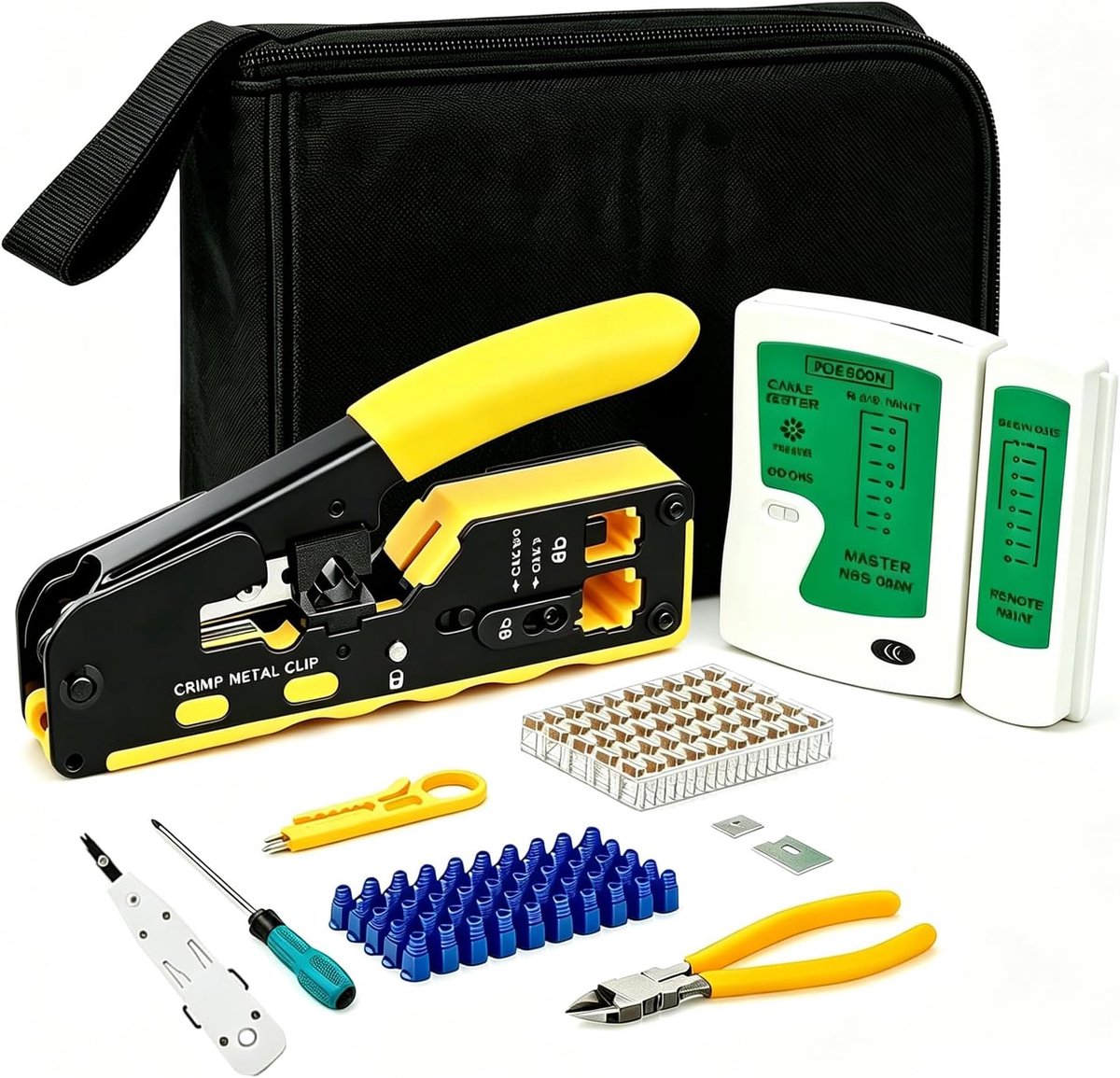Crimpzange Set 3-in-1 - RJ45 Netwerk Gereedschap - 50 Pass Through Stekkers - Inclusief Kabeltester en Accessoires - ShopVlot