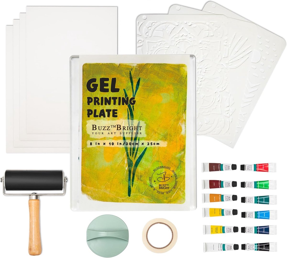 Geldrukplaat set 8" X 10" - Complete druktechniek set - Inclusief acrylverf en stencils - Voor mixed media kunst - ShopVlot