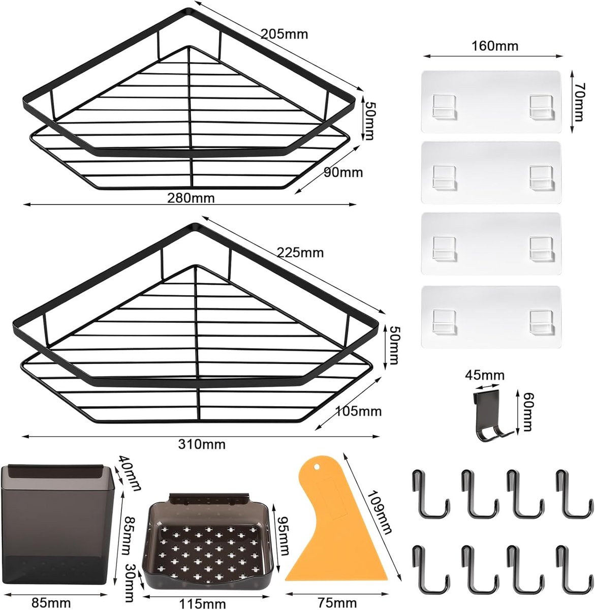 Hoekdoucheplank set 4-delig - roestvrij staal - met diamantdesign - eenvoudig te installeren zonder boren - ShopVlot