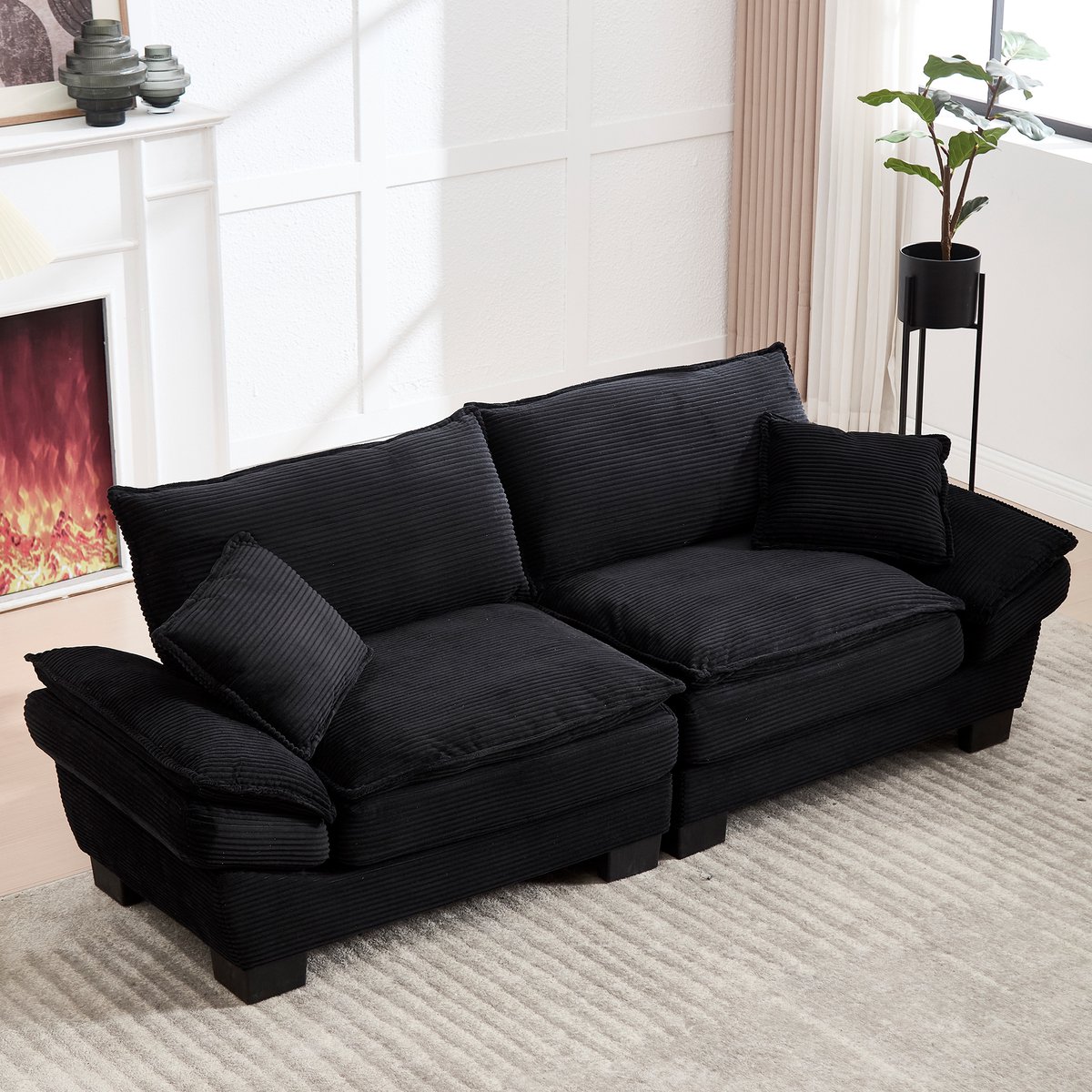 MEUNIQ 2-zits bank zwart velvet met armleuningen, 2 kussens, houten frame, 224 cm breed, voor woonkamer, slaapkamer of thuiskantoor