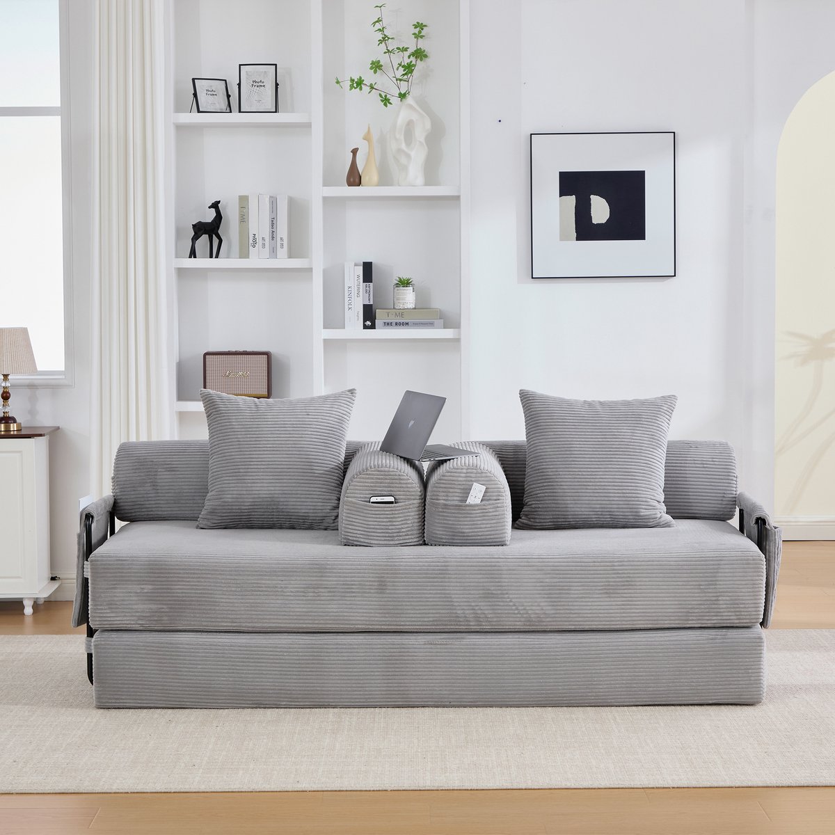 MEUNIQ modulaire slaapbank 200 cm met metalen frame, 3 kussens, opbergtas en slaapfunctie voor woonkamer, lichtgrijs corduroy