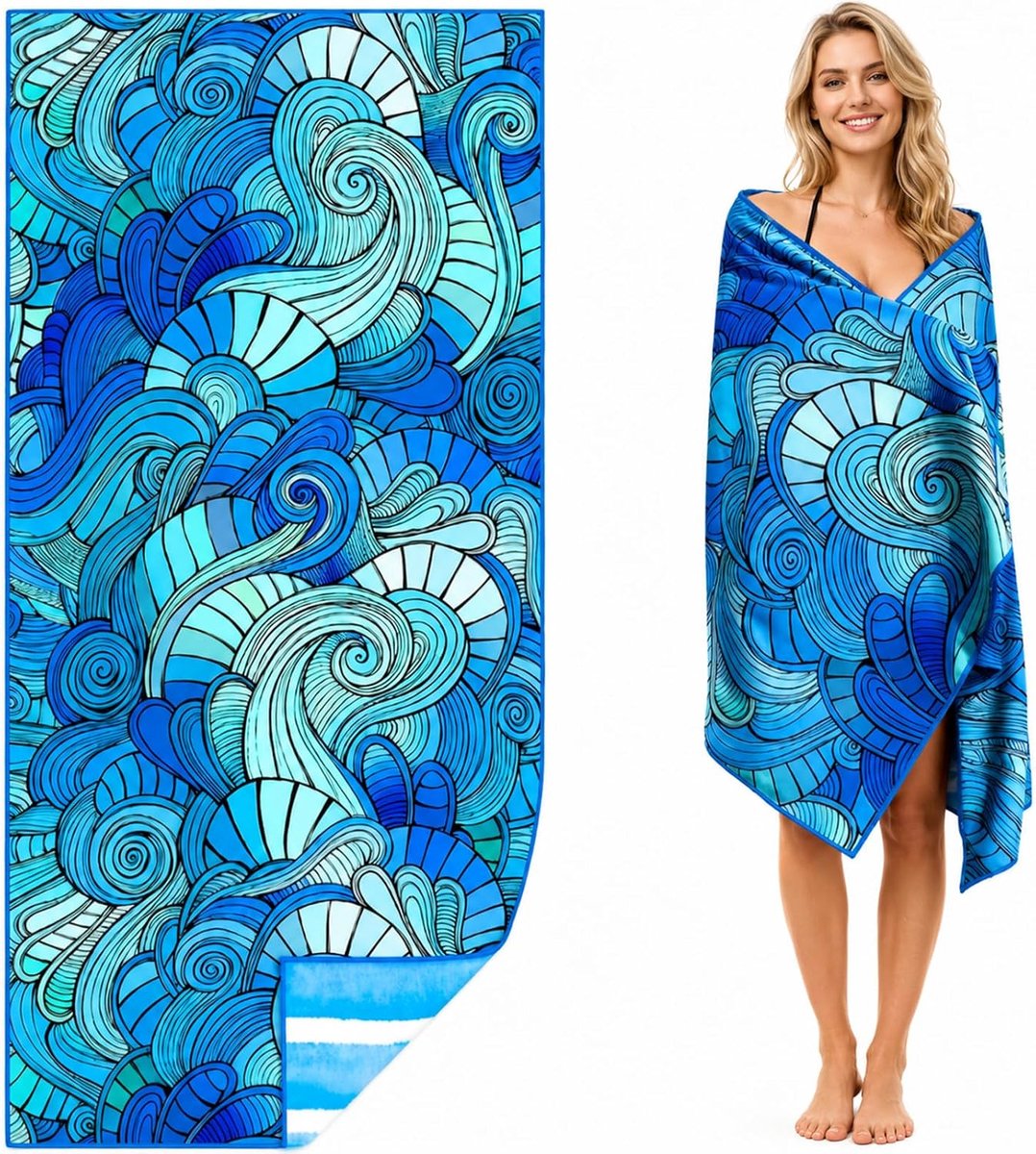 XXL microvezel strandhanddoek 80x180 cm - dubbelzijdige oceaanprint - sneldrogend en absorberend - SnelShoppen