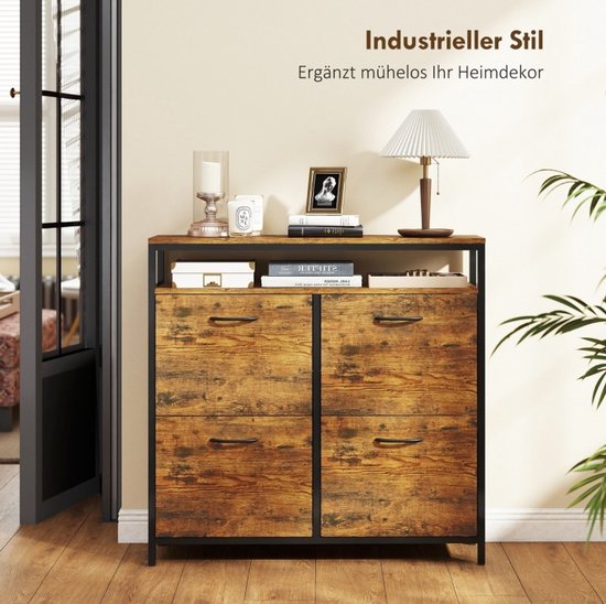 Schoenkast Met 4 Klapvakken En Open Vak - Smal Industrieel Design Voor Hal En Woonruimte - Hout En Staal - Rustic Brown - 98x24x95 Cm — afbeelding 5
