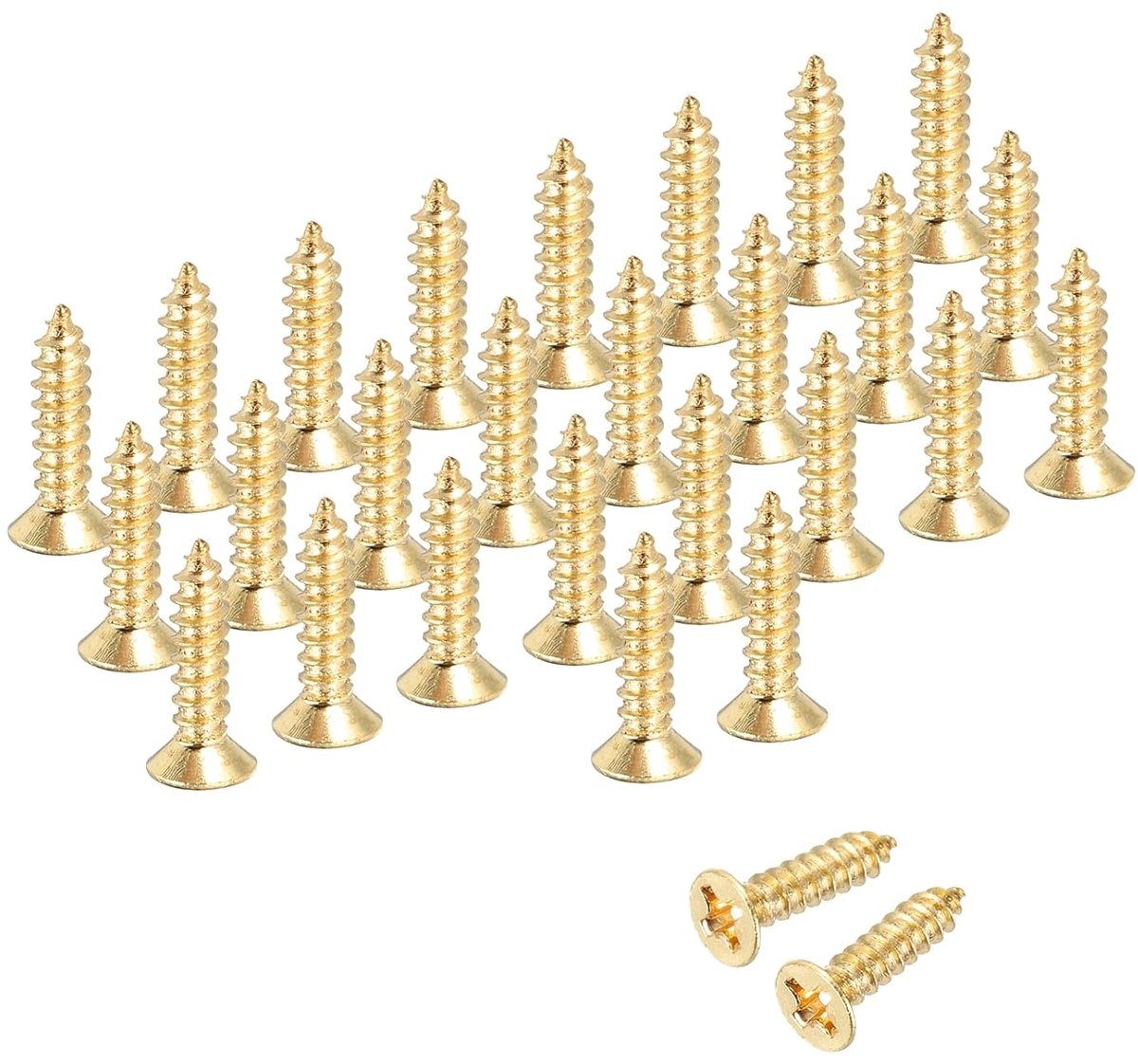 Houtschroeven met platte kop Phillips, M3 x 12 mm, zelftappende houtschroeven van messing voor deurscharnieren, houtbewerking en doe-het-zelfprojecten, (Goud, Set van 38)