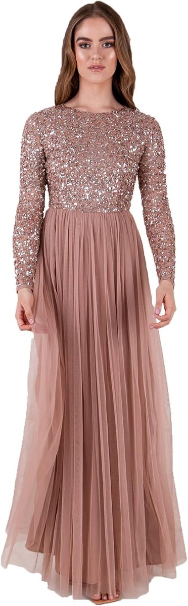 Deluxe Maxi Jurk met Korte Mouwen voor Bruidsmeisjes, Mauve, 34 EU